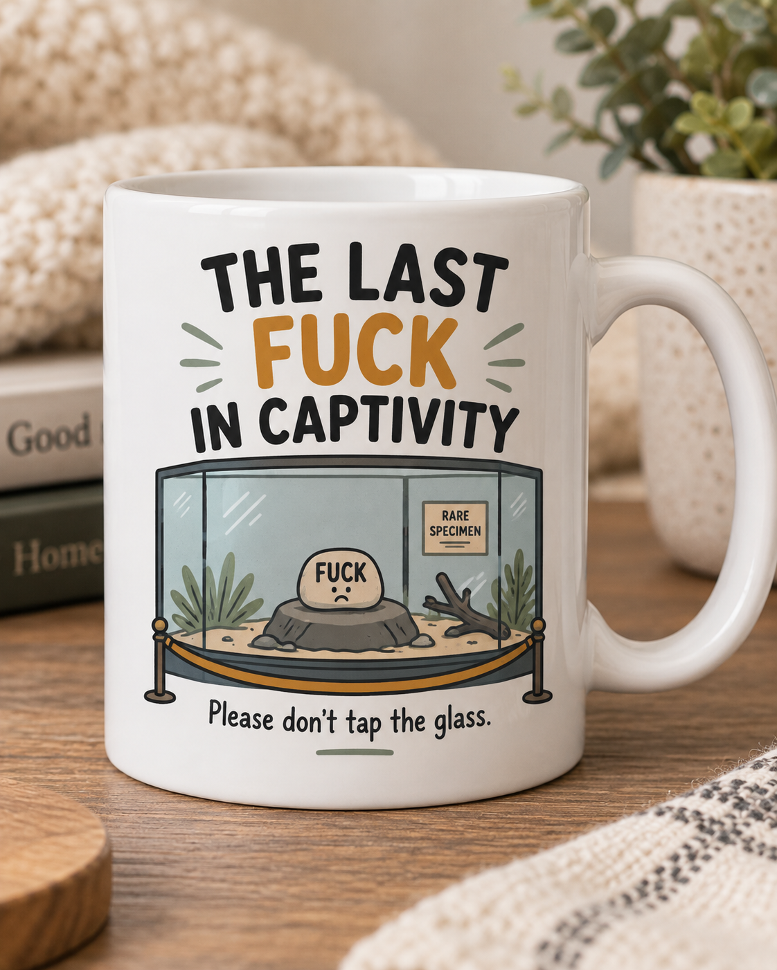 The Last Fuck in Captivity white mug with illustrated rare specimen display