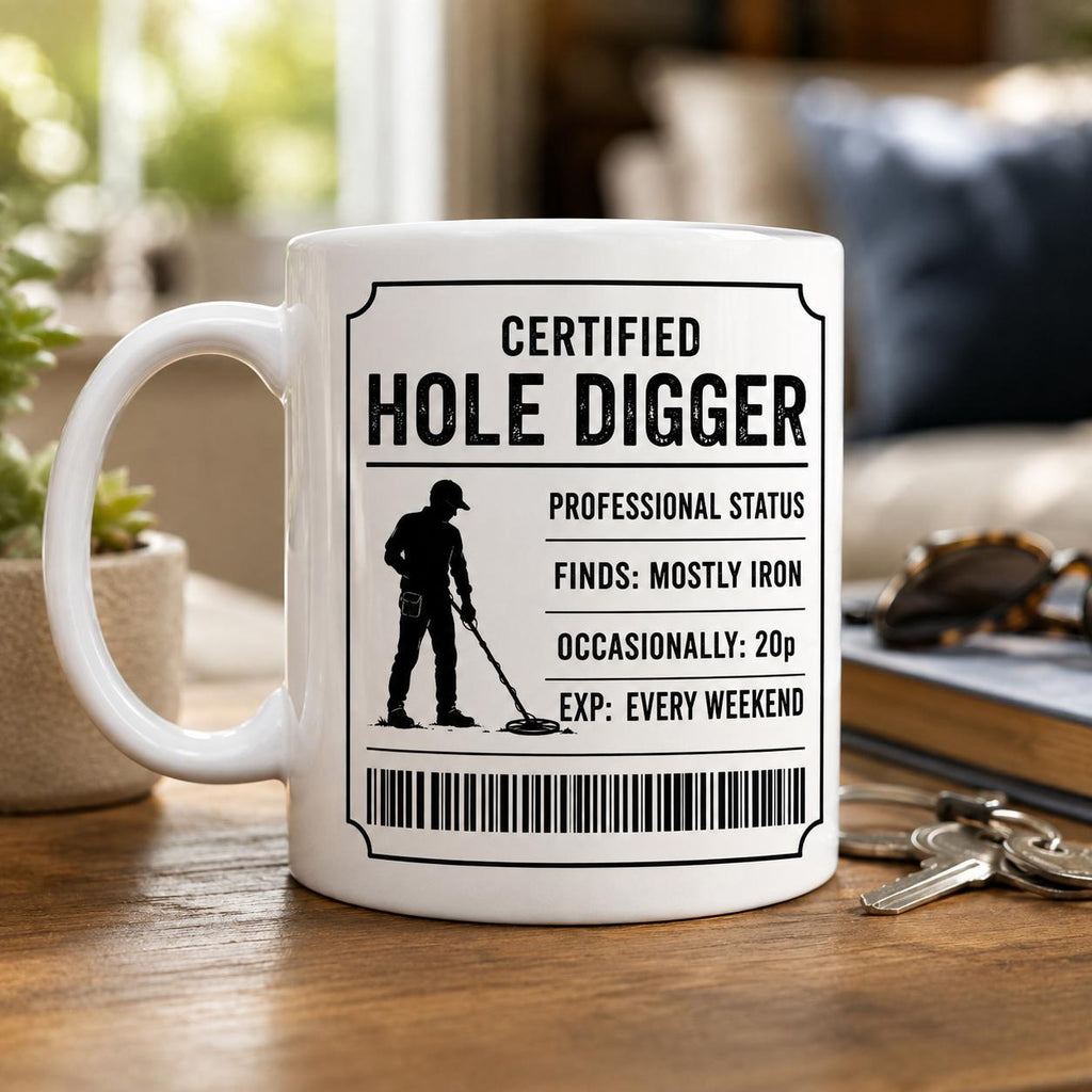 Metal Detecting Mug – Certified Hole Digger – Funny Metal Detectorist Gift – Treasure Hunting Mug – Gift for Metal Detecting 