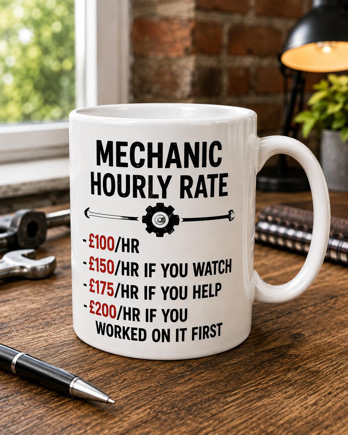 Funny Mechanic Mug – Mechanic Hourly Rate – Garage Workshop Gift for Mechanic