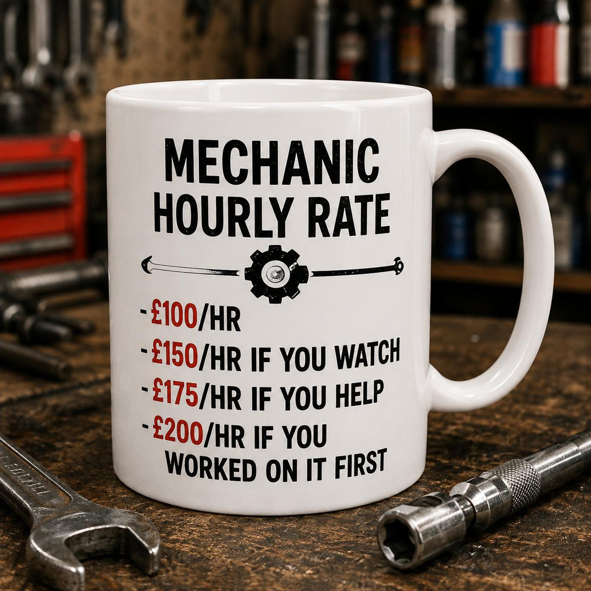 Funny Mechanic Mug – Mechanic Hourly Rate – Garage Workshop Gift for Mechanic