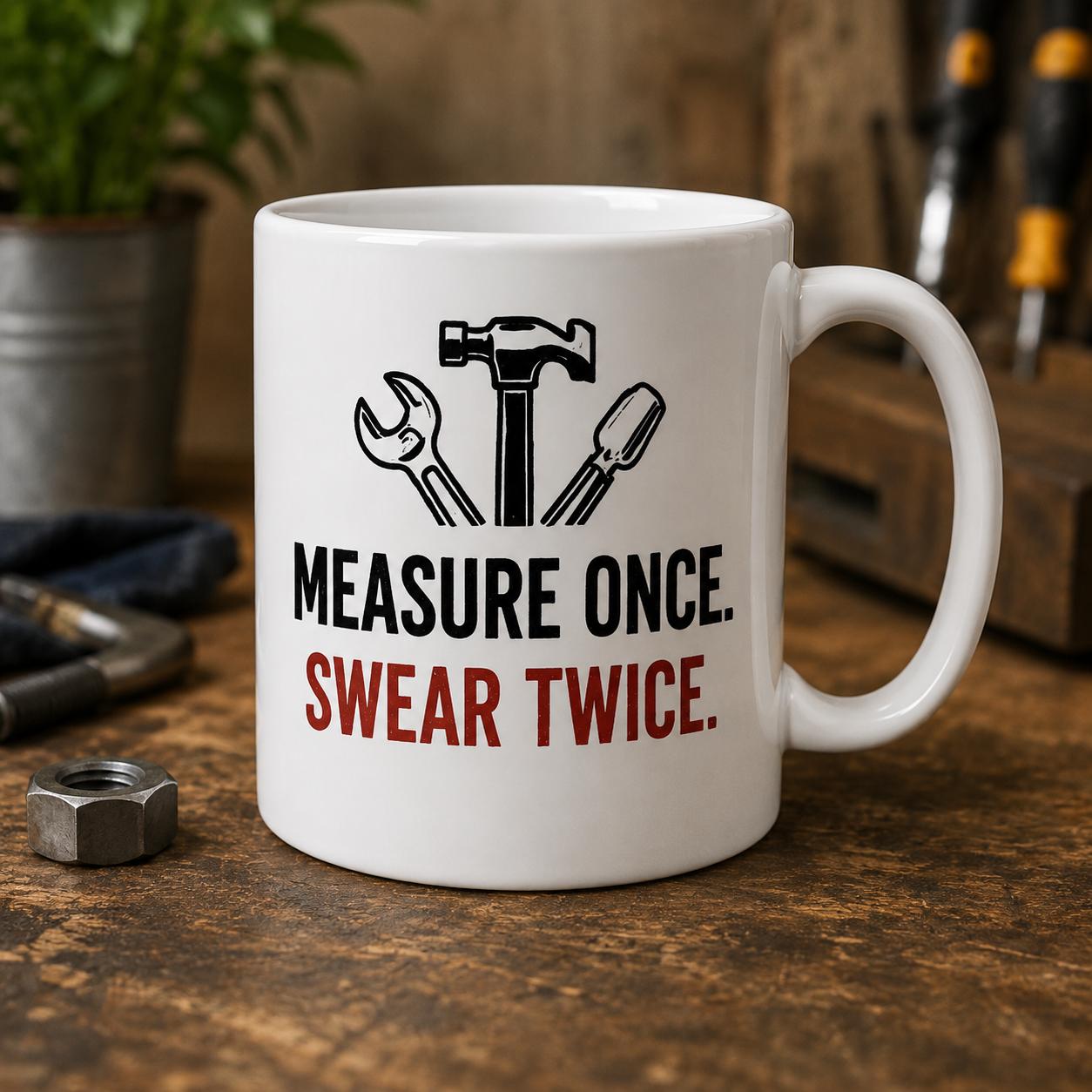 Measure Once Swear Twice Mug | Funny Carpenter Mug | DIY Gift | Builder Coffee Mug | Tradesman Gift | Woodworker Ceramic Mug 