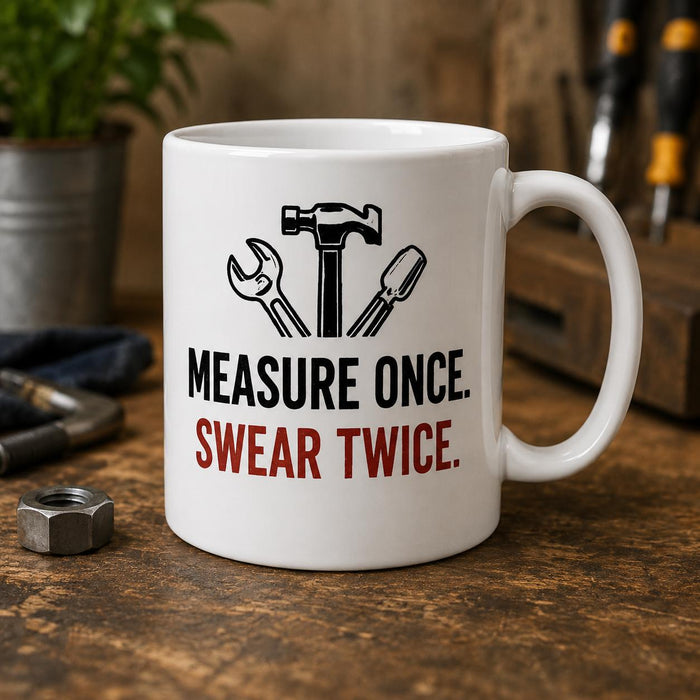 Measure Once Swear Twice Mug | Funny Carpenter Mug | DIY Gift | Builder Coffee Mug | Tradesman Gift | Woodworker Ceramic Mug 