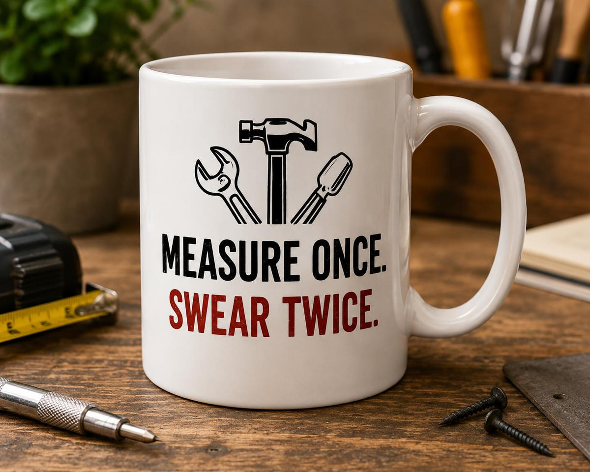 Measure Once Swear Twice Mug | Funny Carpenter Mug | DIY Gift | Builder Coffee Mug | Tradesman Gift | Woodworker Ceramic Mug 