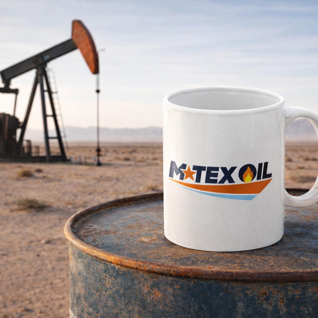 Retro Oil Company Style Mug – Vintage Industrial Logo Coffee Cup – Western Inspired Novelty Mug – 11oz Ceramic