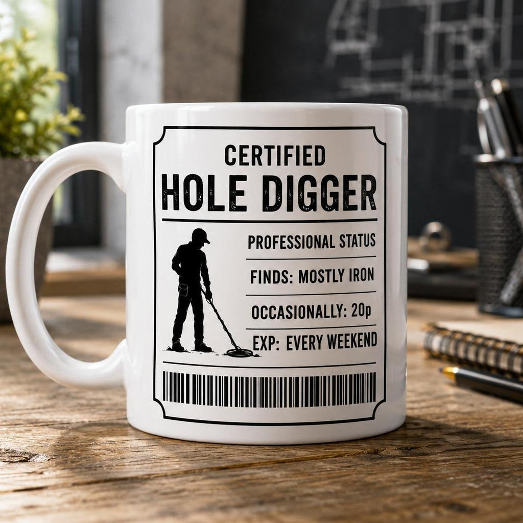 Metal Detecting Mug – Certified Hole Digger – Funny Metal Detectorist Gift – Treasure Hunting Mug – Gift for Metal Detecting 