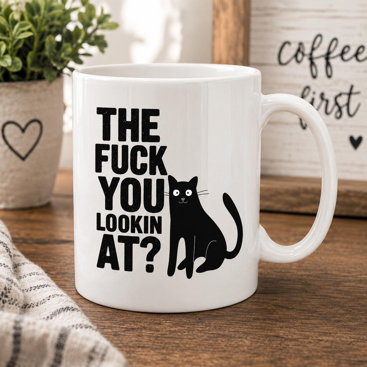 Funny Black Cat Mug | "The F*ck You Lookin At?" Mug | Rude Cat Coffee Mug | Cat Lover Gift | Novelty Ceramic Mug | 11oz