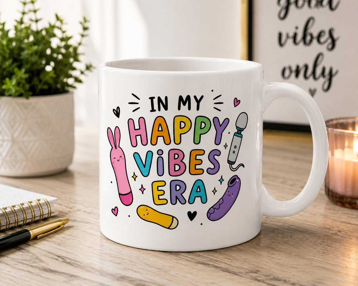 In My Happy Vibes Era Mug | Funny Adult Humor Coffee Mug | Cute Novelty Ceramic Tea Cup | Gift for Friends | Colorful Retro M