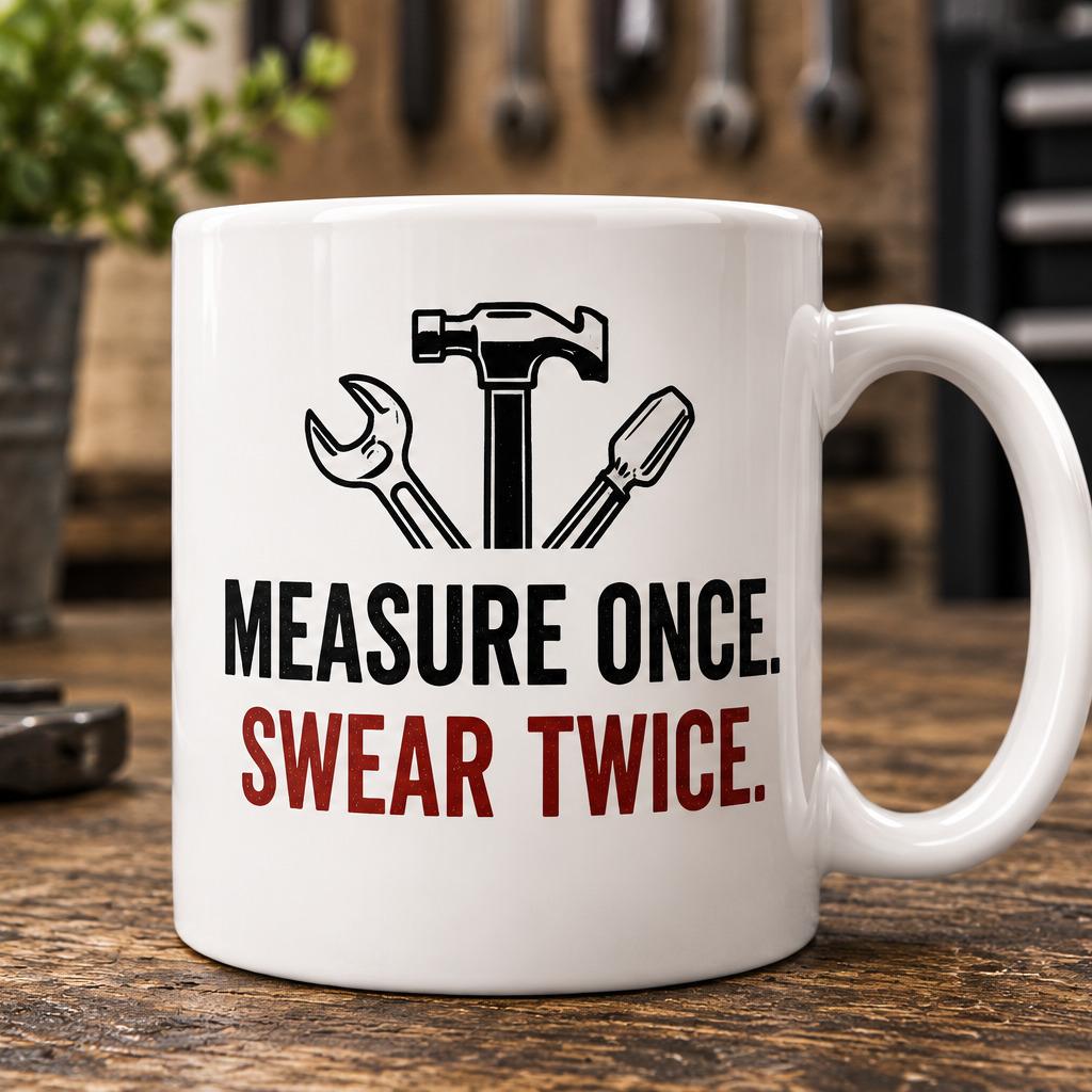 Measure Once Swear Twice Mug | Funny Carpenter Mug | DIY Gift | Builder Coffee Mug | Tradesman Gift | Woodworker Ceramic Mug 