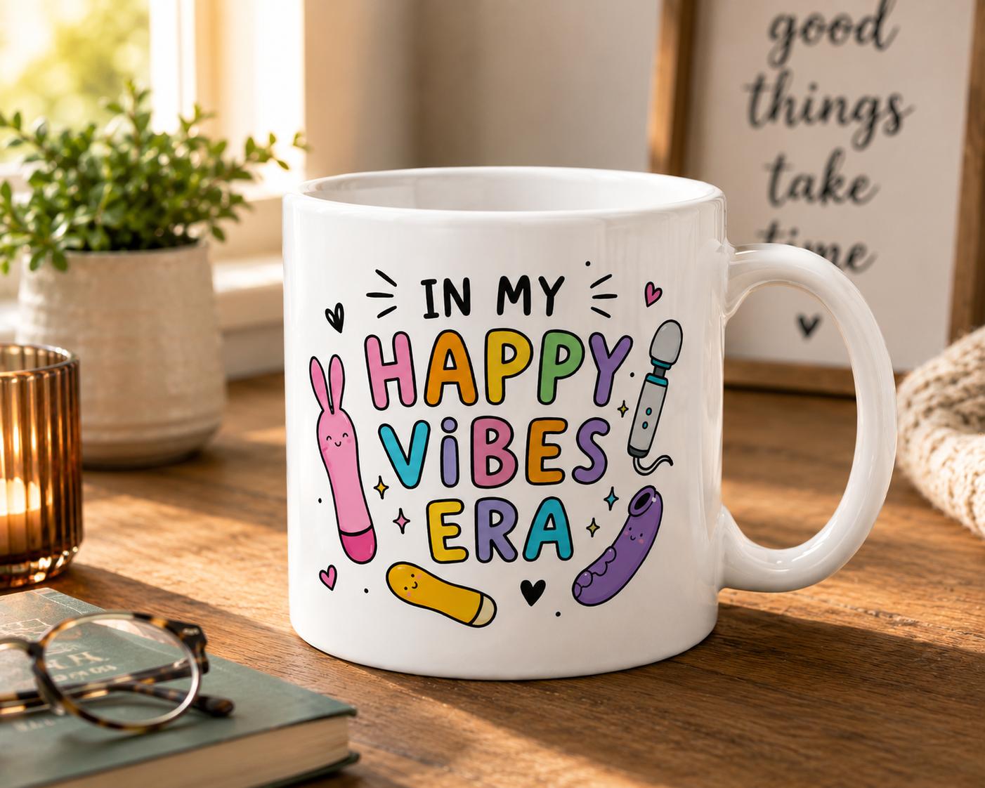 In My Happy Vibes Era Mug | Funny Adult Humor Coffee Mug | Cute Novelty Ceramic Tea Cup | Gift for Friends | Colorful Retro M