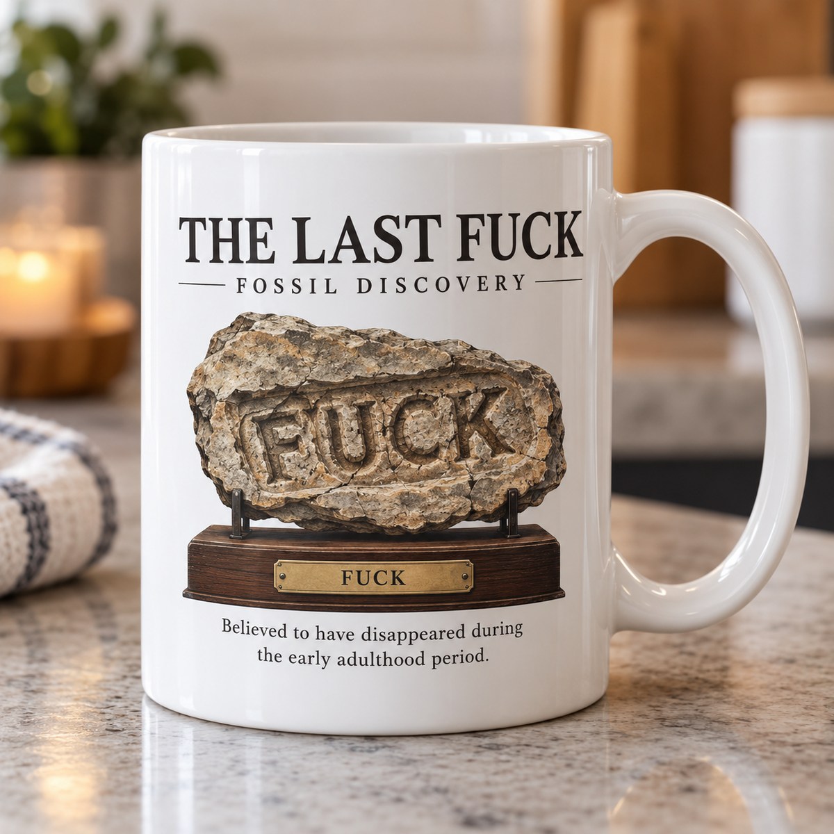 The Last Fuck Fossil Discovery white mug