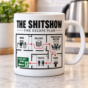 The Shitshow Fire Escape Plan mug in kitchen