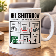 The Shitshow Fire Escape Plan mug in living room