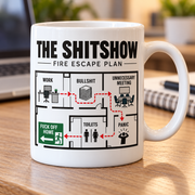 The Shitshow Fire Escape Plan mug in office