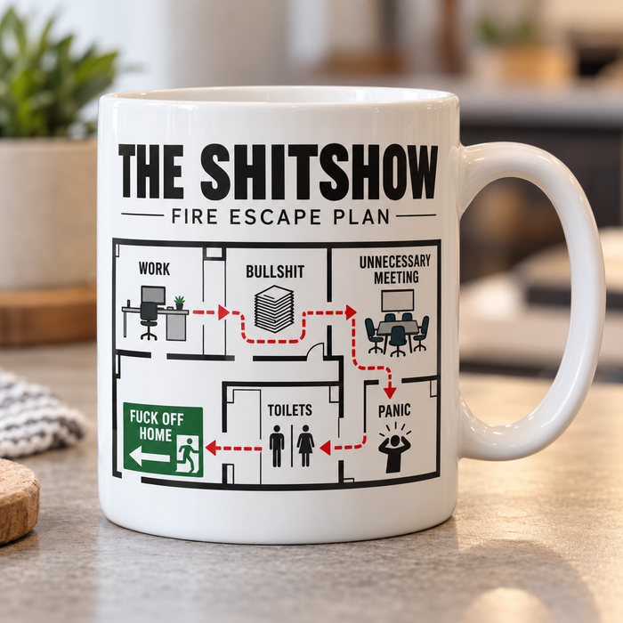 The Shitshow Fire Escape Plan white mug