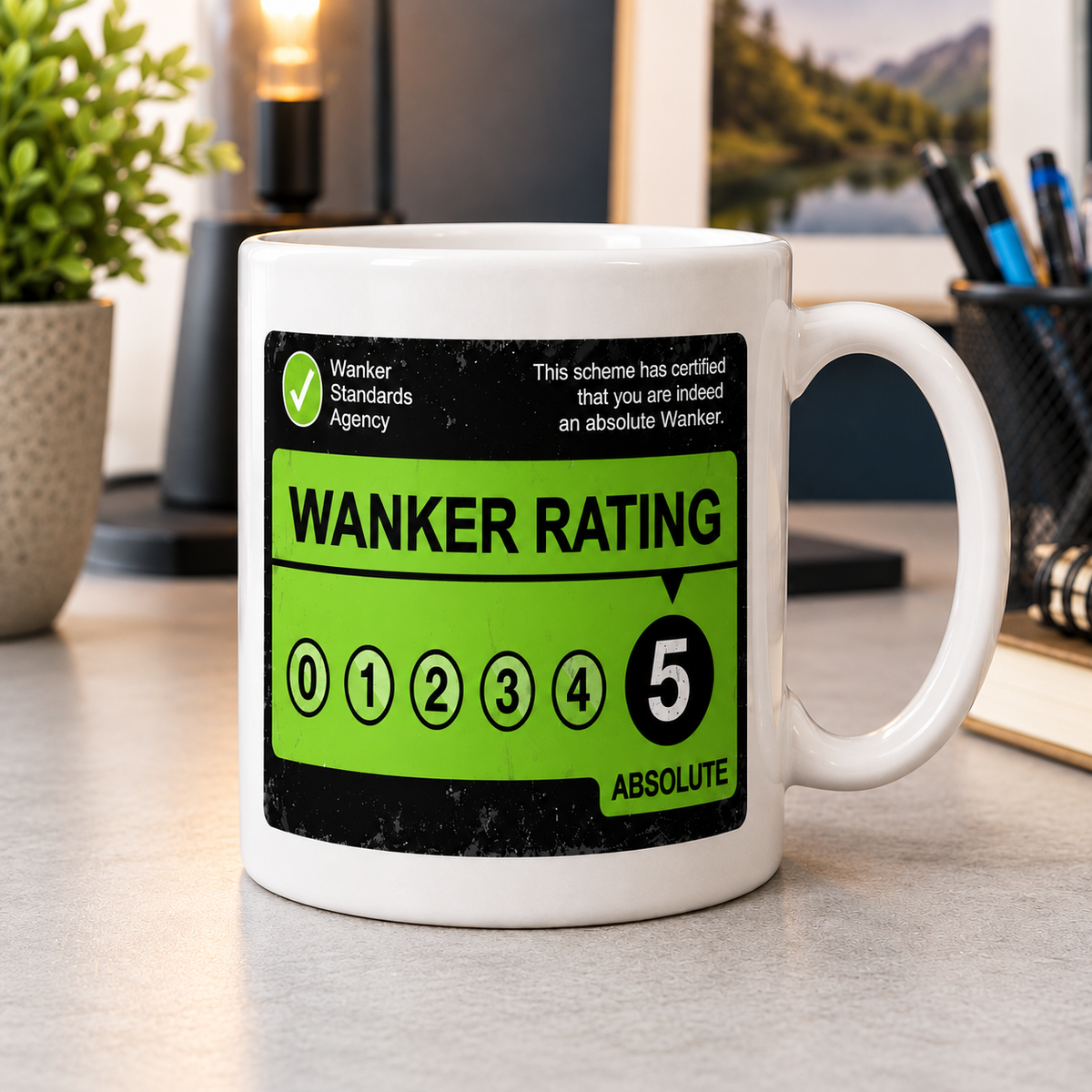 Wanker Rating white mug with black and lime-green novelty design